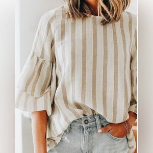 Listicle tan and cream Top with ruffle sleeves.